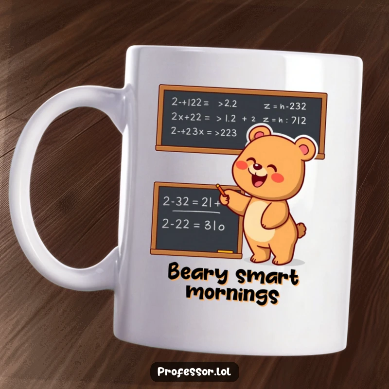 Funny Bear Math Mug: Joyful bear enthusiastically points at complex equation on blackboard, a humorous gift for smarty-pants.