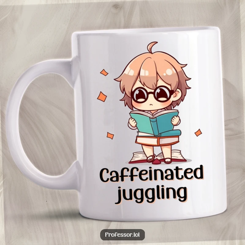 Funny mug showing a character intensely concentrating while juggling multiple books, a reader's challenge.