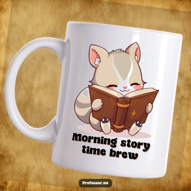 Funny mug with a cute animal character engrossed in reading a thick, ancient-looking book, looking scholarly and content.