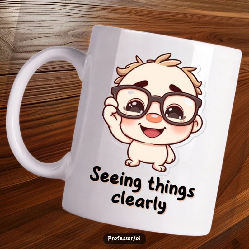 Funny character playfully adjusting oversized spectacles on its nose with a wide grin, symbolizing intellect and wit. A charming and funny mug.