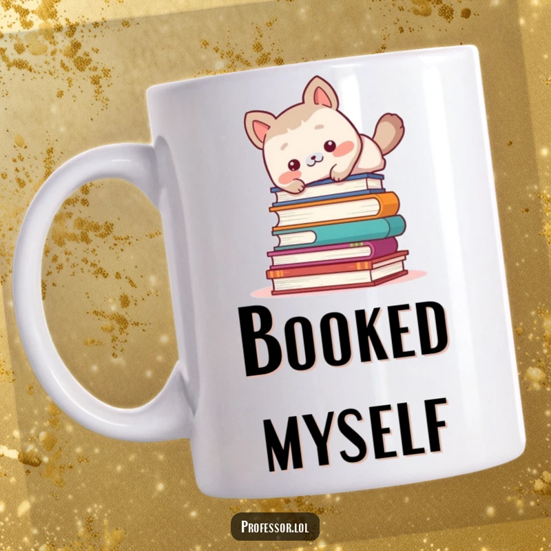 Funny cute animal character comically tripping and falling over a large, unsteady stack of colorful books.