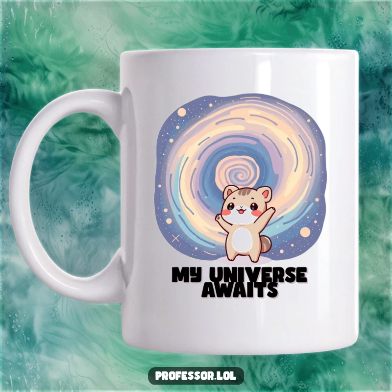 Funny mug showing a small, excited animal character gesturing wildly at a vibrant, swirling galaxy, capturing wonder and cosmic adventure.