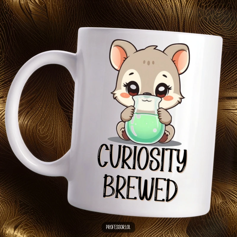 Funny mug featuring a curious animal character wide-eyed, examining a bubbling beaker, embodying scientific exploration and wonder.
