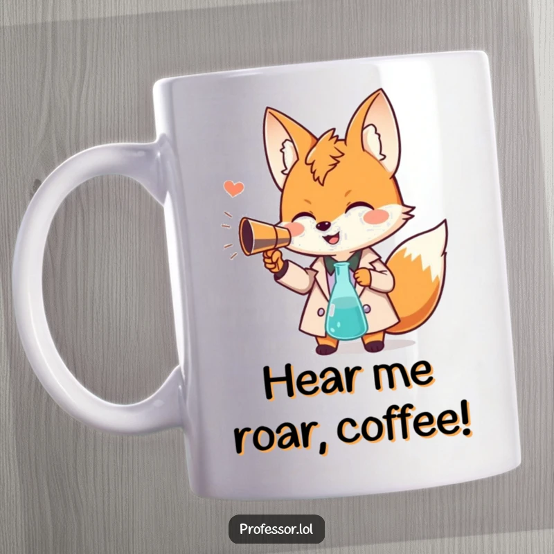 Funny Kawaii fox professor mug, giggling and using a beaker as a megaphone, spreading wisdom and humor, ideal gift.