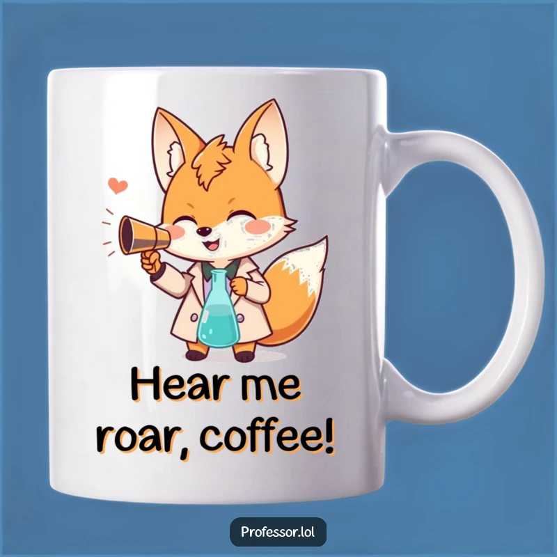Funny Fox Professor Mug: Giggling Scholar with Beaker Megaphone, Perfect Gift