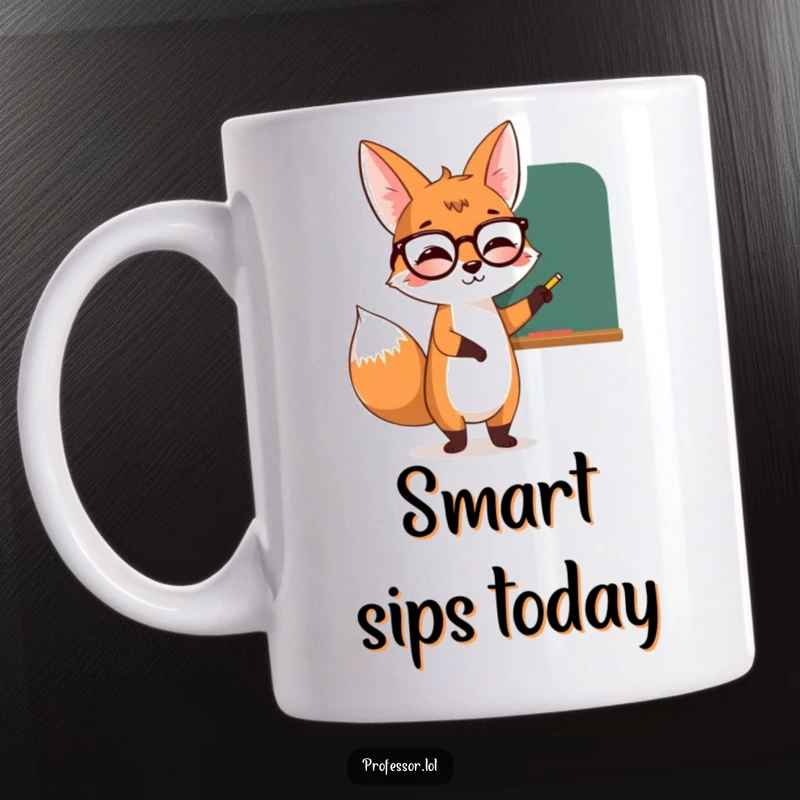 Funny giggling fox wearing spectacles, pointing at a chalkboard, sharing knowledge with a smile on this mug.