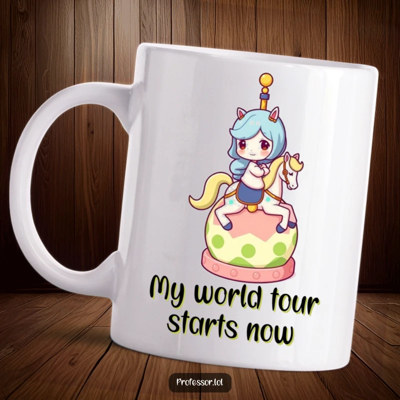 Funny mug showing a character cheerfully riding a spinning globe like a carousel horse, symbolizing adventure and wanderlust.
