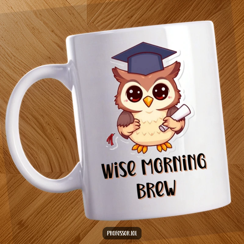 Funny happy owl wearing a graduation cap and holding a diploma, celebrating achievement on this ceramic mug.