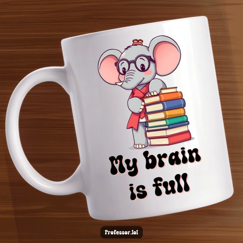 Funny Kawaii elephant professor balancing a towering stack of books, looking determined and studious on this mug.