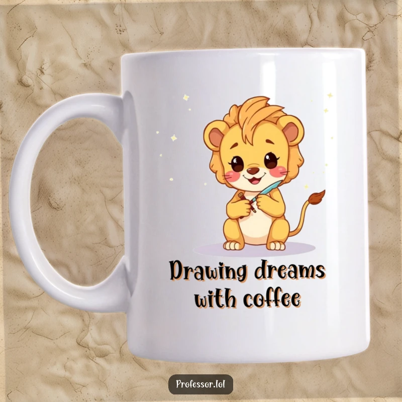 Funny Lion Cub Artist Mug: A happy Kawaii lion cub sketching a fantastical galaxy with a glowing quill, symbolizing imagination.