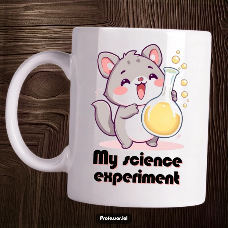 Funny animal scientist character excitedly holding an overflowing bubbling beaker, perfect for science enthusiasts. A hilarious mug for lab coats and laughter.