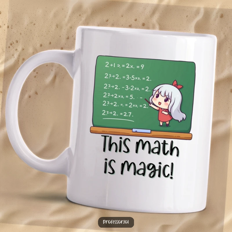 Funny mug featuring a character enthusiastically pointing to complex equations on a chalkboard, celebrating intellect.