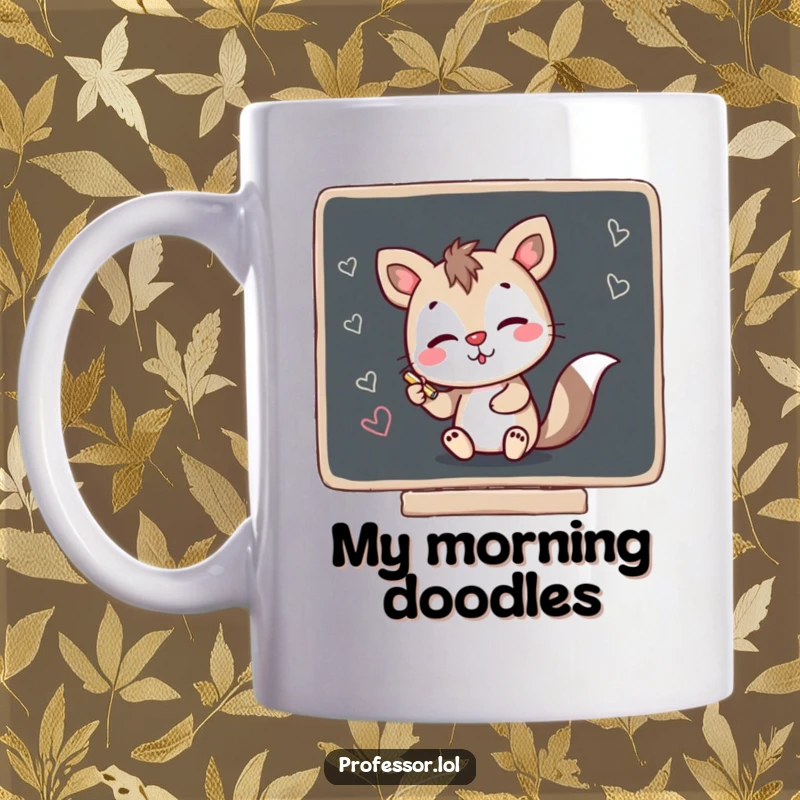 Funny mug featuring a mischievous animal character playfully scribbling on a blackboard with chalk, showcasing cheeky charm.