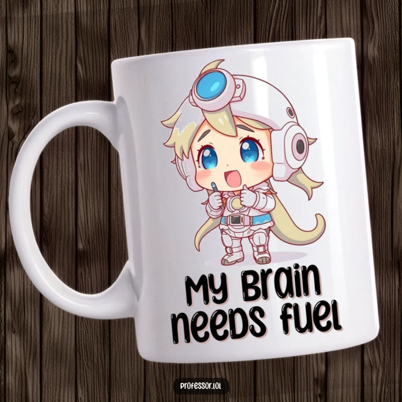 Funny mug showing an excited character intensely studying a giant, detailed model, perfect for hobbyists.