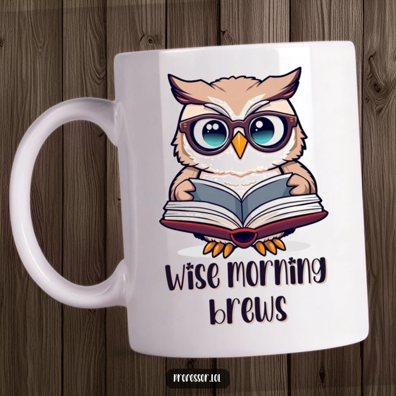 Funny owl mug with spectacles, a cute owl peering curiously into an open book with wide eyes.