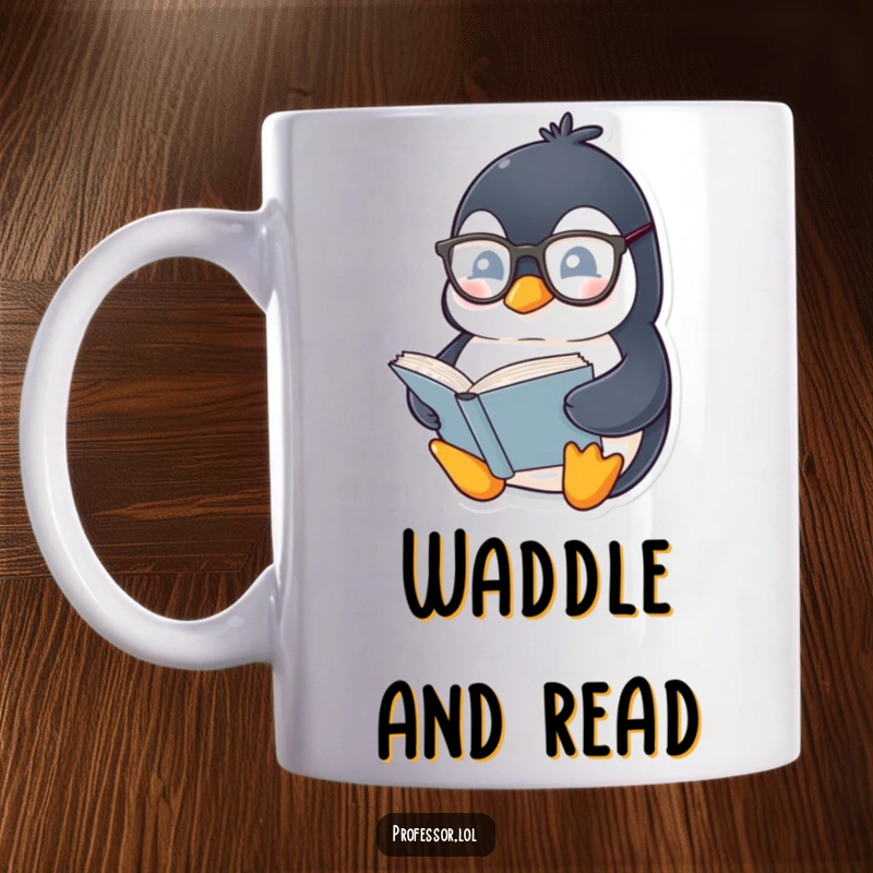 Funny Penguin Bookworm Mug: Chubby penguin wearing spectacles reads a thick book, a humorous gift for readers.
