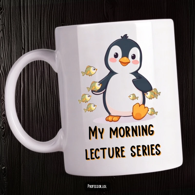 Funny mug depicting a playful penguin lecturing a school of tiny fish, showcasing a humorous aquatic education scene.