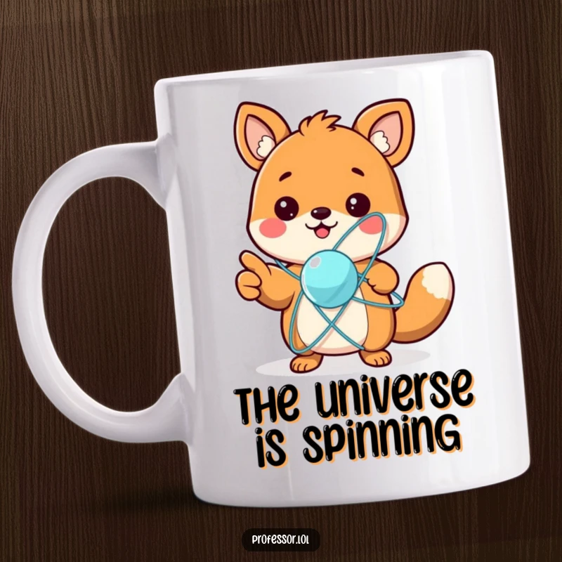 Funny mug with a cute animal character excitedly pointing at a spinning atom model, fascinated by physics.