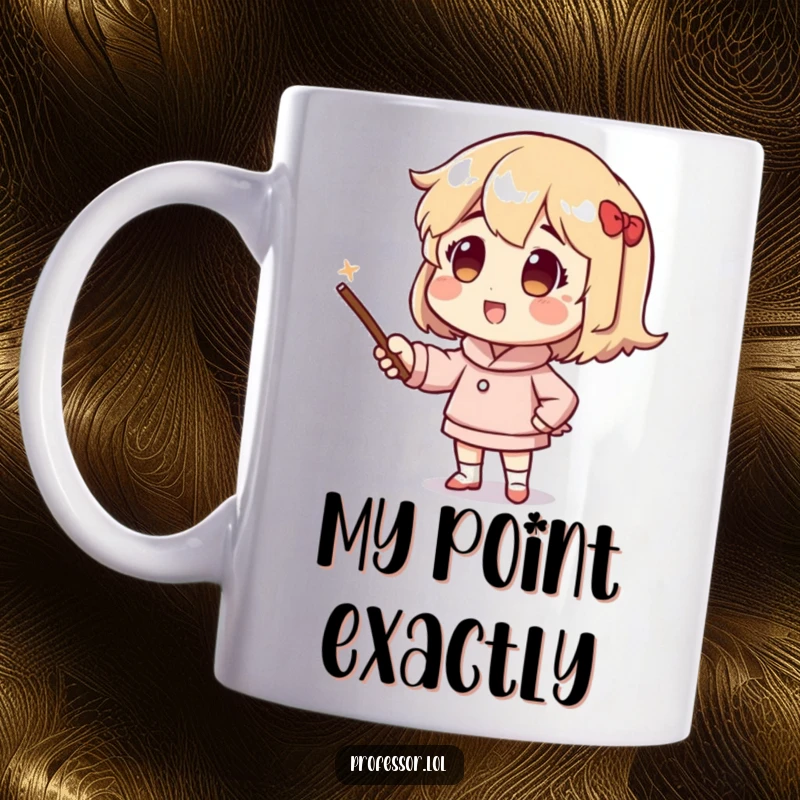 Funny mug showing an animated character enthusiastically using a pointer stick to illustrate a point with great energy and focus.