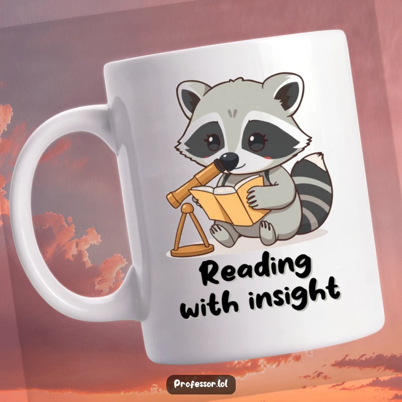Funny mug showing a curious raccoon character intently using a telescope to examine a book.
