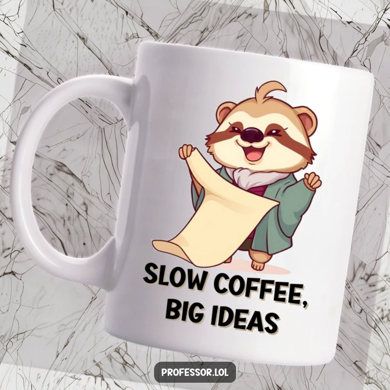 Funny Sloth Professor Mug: A joyful sloth professor slowly unfurls a very long scroll, a humorous and relatable design for coffee lovers.