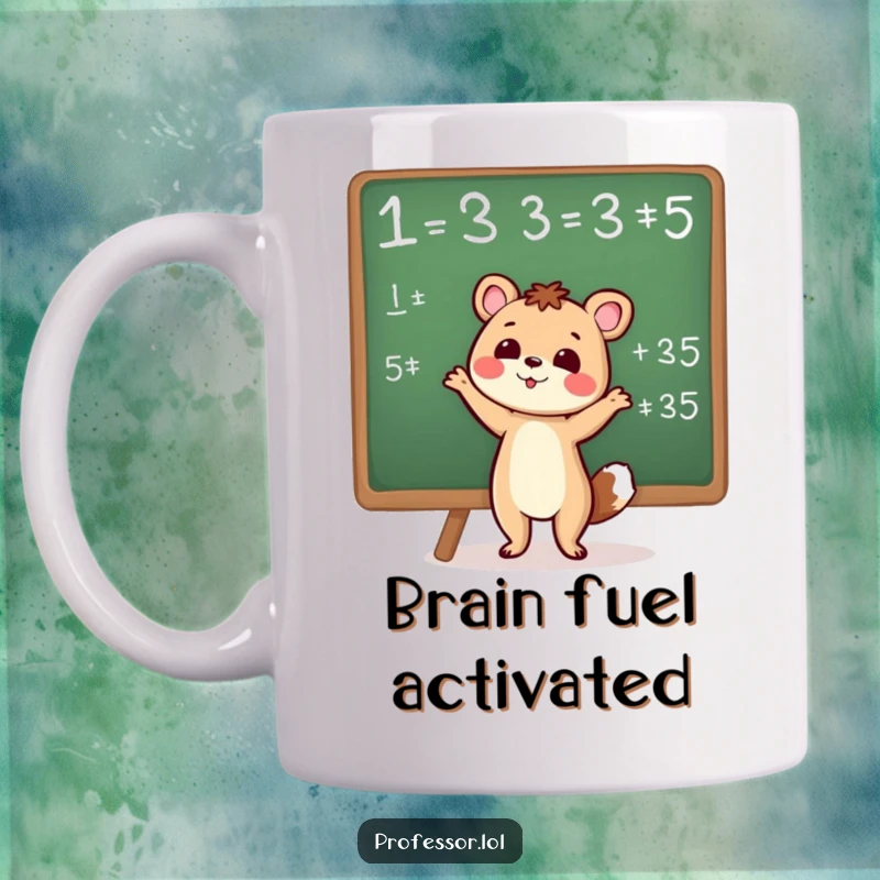 Cute animal character enthusiastically gesturing towards a complex chalkboard equation, showcasing smarts on this mug.