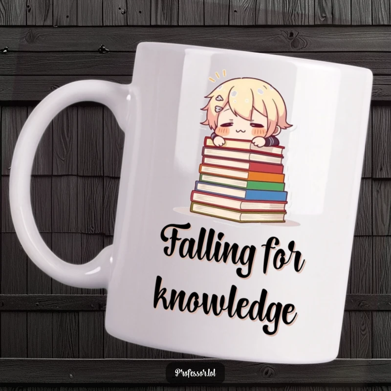 Funny mug showing a surprised character comically tripping over a large pile of heavy books, capturing a moment of unexpected chaos.