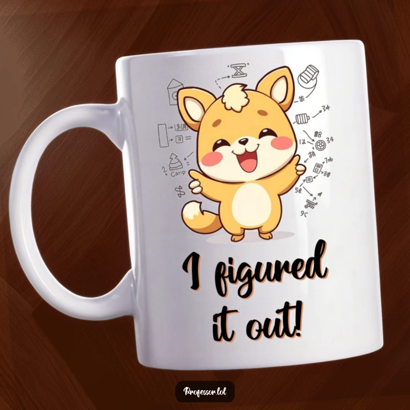 Funny kawaii animal character joyfully pointing at a complex diagram with a wide smile, symbolizing intelligence. A cute and funny mug.