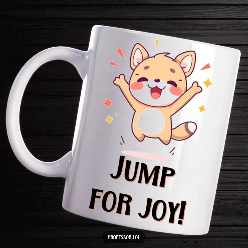 Funny mug featuring a cute animal character triumphantly jumping in the air, celebrating a scientific or personal breakthrough with infectious joy.