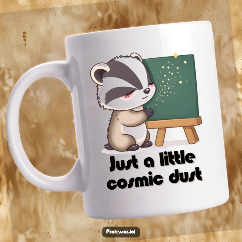 Funny Mug featuring a sleepy badger gently sprinkling stardust onto a blackboard, creating a magical and whimsical scene.