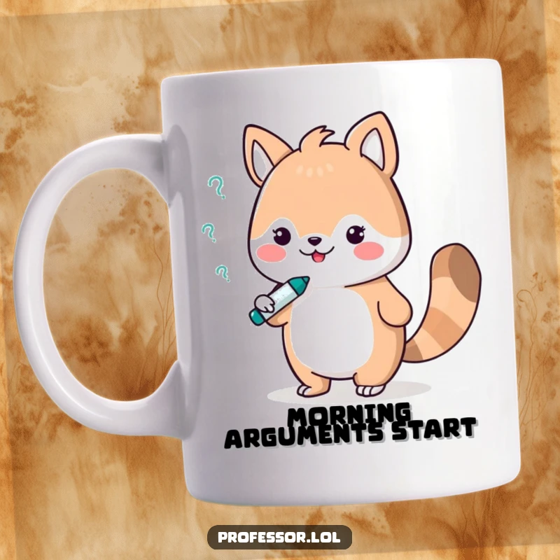 Funny mug featuring a cute animal character in a heated debate with a sentient whiteboard marker, showcasing intellectual humor and personality.