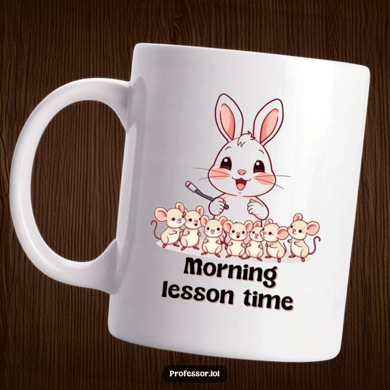 Funny mug with a cheerful rabbit character enthusiastically teaching a class of tiny, attentive mice.