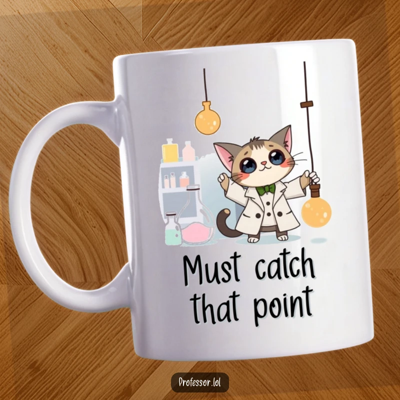 Funny Cat Professor Mug: A curious cat professor bats at a dangling pendulum in a laboratory, a humorous and scientific design.