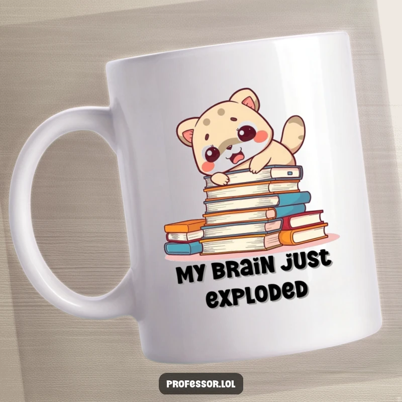 Funny startled animal mug showing a cute character in a panic, having knocked over a tall stack of books with humorous intensity.