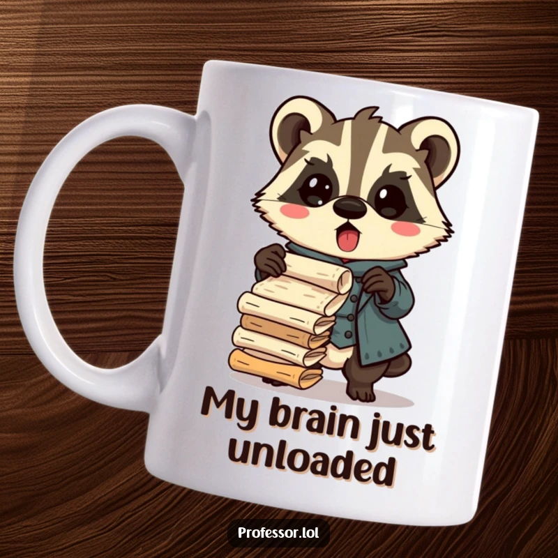 Funny Kawaii badger professor mug, surprised and dropping ancient scrolls, showing academic chaos and a humorous gift.