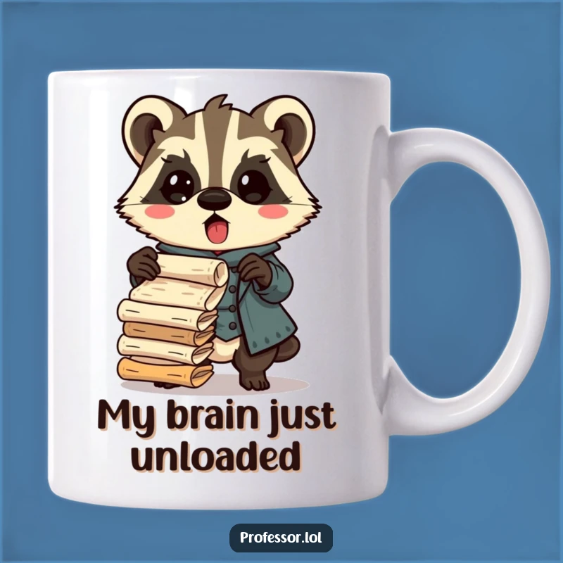 Funny Badger Professor Mug: Surprised Scholar Dropping Ancient Scrolls, Perfect Gift