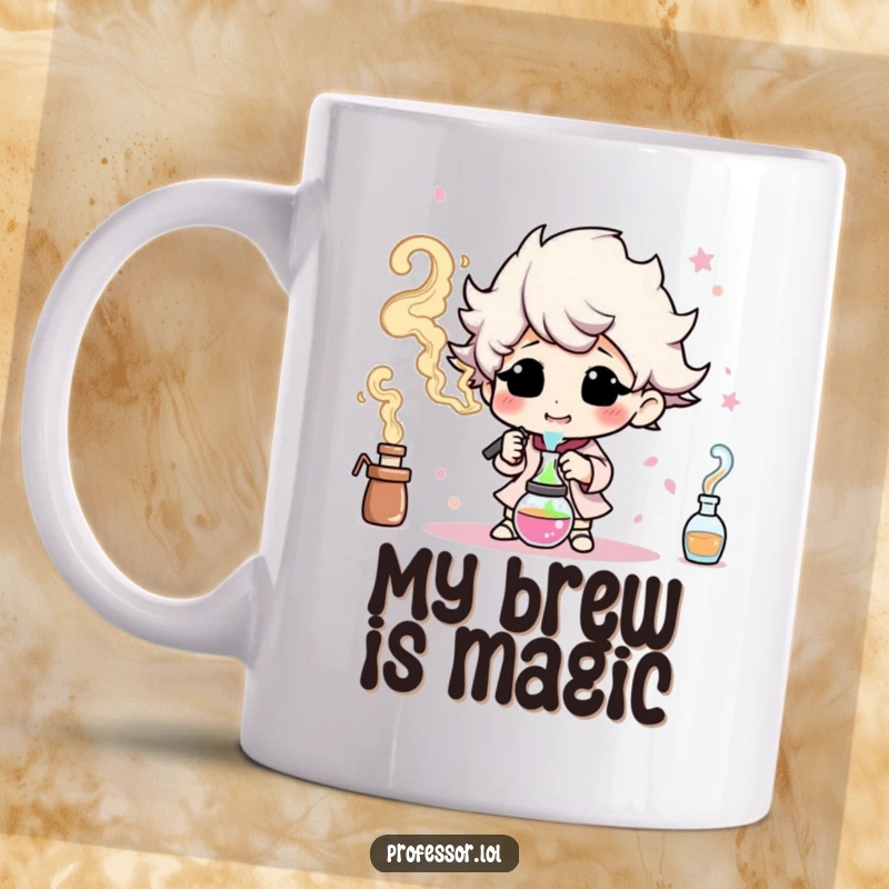 Funny mug showing a character happily experimenting and creating colorful smoke, celebrating creativity and playful discovery.