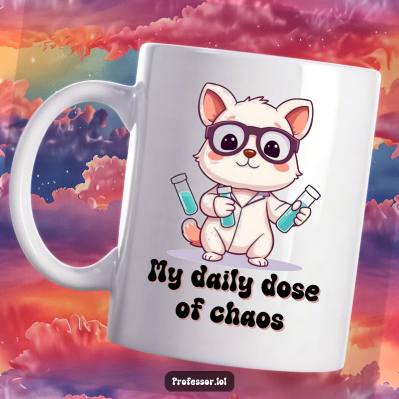 Funny science mug with a cute animal character playfully juggling colorful test tubes in a lab setting, showcasing a humorous and intelligent personality.