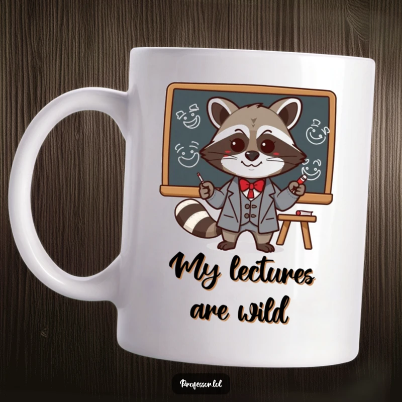 Funny Kawaii raccoon professor drawing silly faces on a blackboard, printed on a mug, symbolizing playful mischief and intelligence.