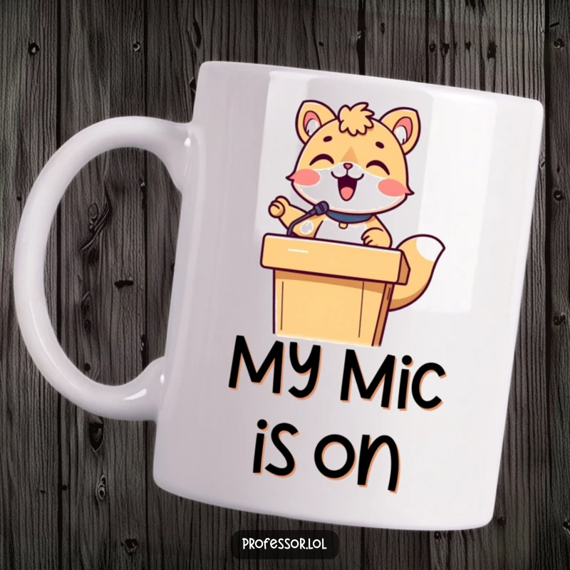 Funny animal character enthusiastically lecturing from behind a wooden podium, holding a pointer stick, looking very serious and comical.