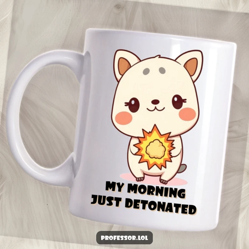 Funny animal character mug, surprised expression, small controlled explosion, science experiment humor.