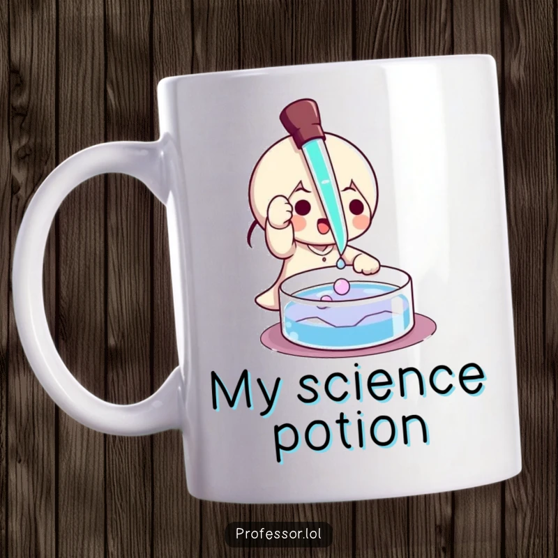 Funny mug featuring a character playfully using a pipette to drip liquid onto a petri dish, scientific fun.