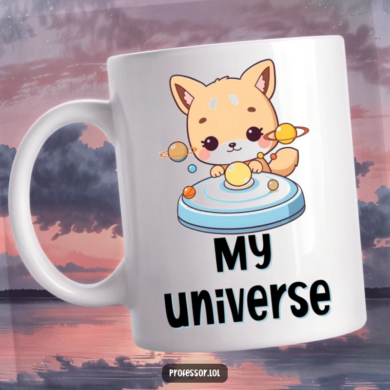 Funny cute animal character intently examining a detailed model of the solar system with a magnifying glass.