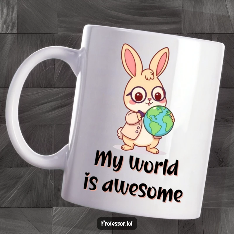 Funny Kawaii rabbit professor mug, playful character bouncing a globe on their nose, global perspective and humor, ideal gift.
