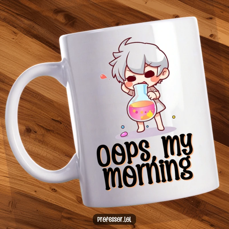 Funny mug with a character startled after dramatically dropping a beaker of colorful liquid, a lab mishap.