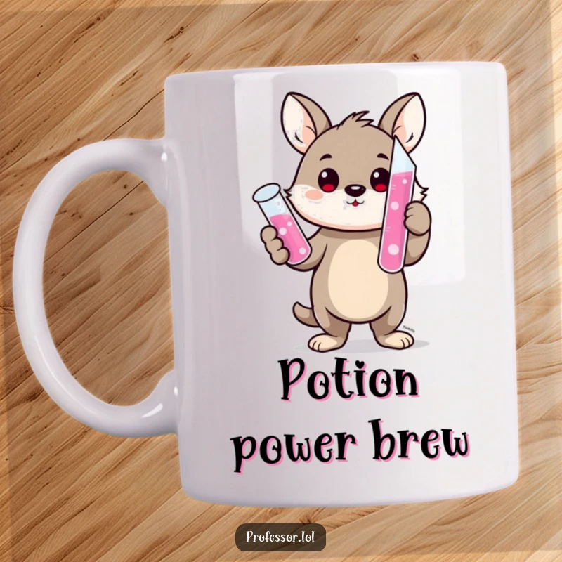 Funny mug with a cute animal character proudly holding a bubbling test tube filled with pink liquid, looking like a proud scientist.
