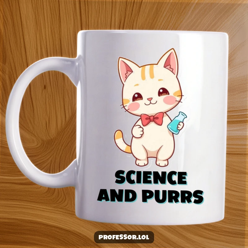Funny mug of a playful cat wearing a bow tie, holding a small beaker, looking like a distinguished scientist.