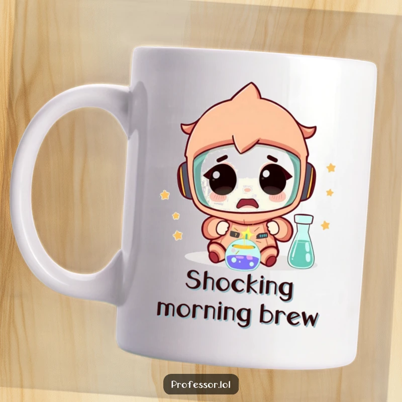 Funny Science Mug: A character looks astonished as a tiny spark erupts from a science experiment, capturing the 'aha!' moment.