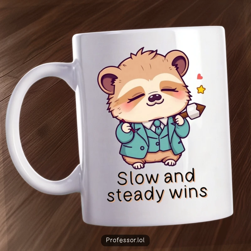 Funny Kawaii sloth professor dozing off while holding a lecture pointer, printed on a mug, symbolizing academic exhaustion and humor.