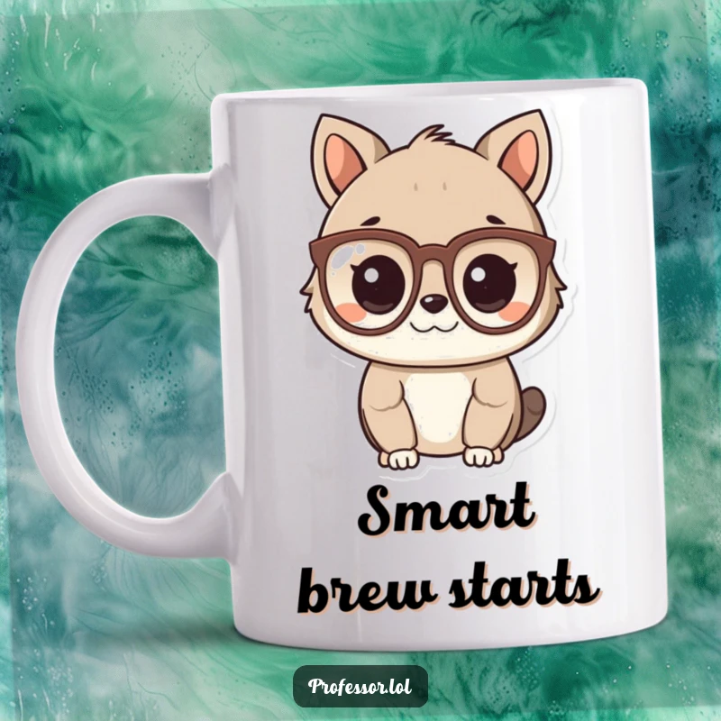 Funny Smart Animal Mug showing a cute animal character wearing spectacles and looking intelligent, perfect gift.